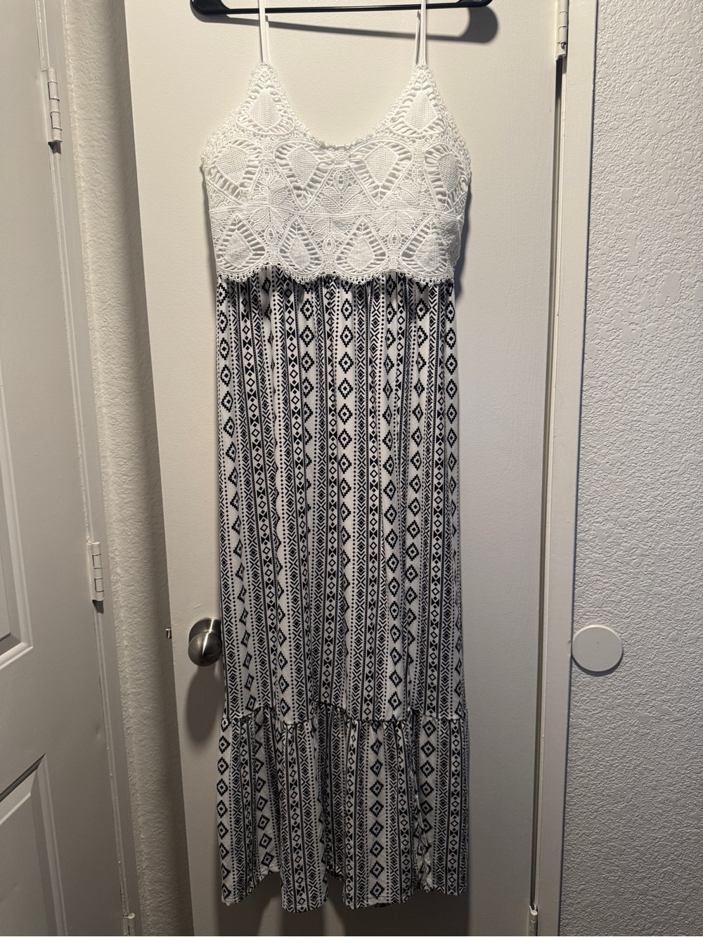 No Boundaries White Crochet Bodice Black & White Tribal Maxi Dress